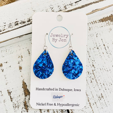 Small Teardrop Earrings: Blue Chunky Glitter