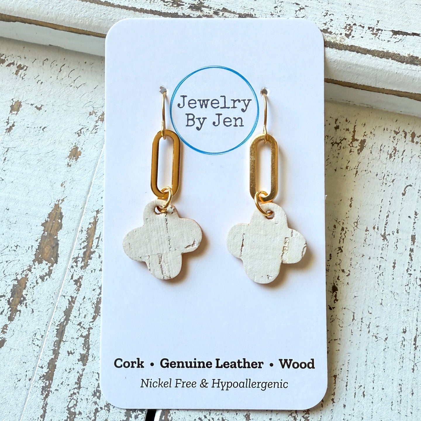 Paperclip Earrings w/White Cork Clover