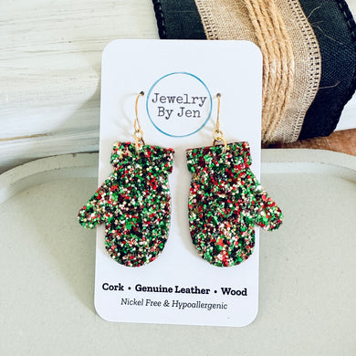 Mitten Earrings: Green, Red & Gold Glitter