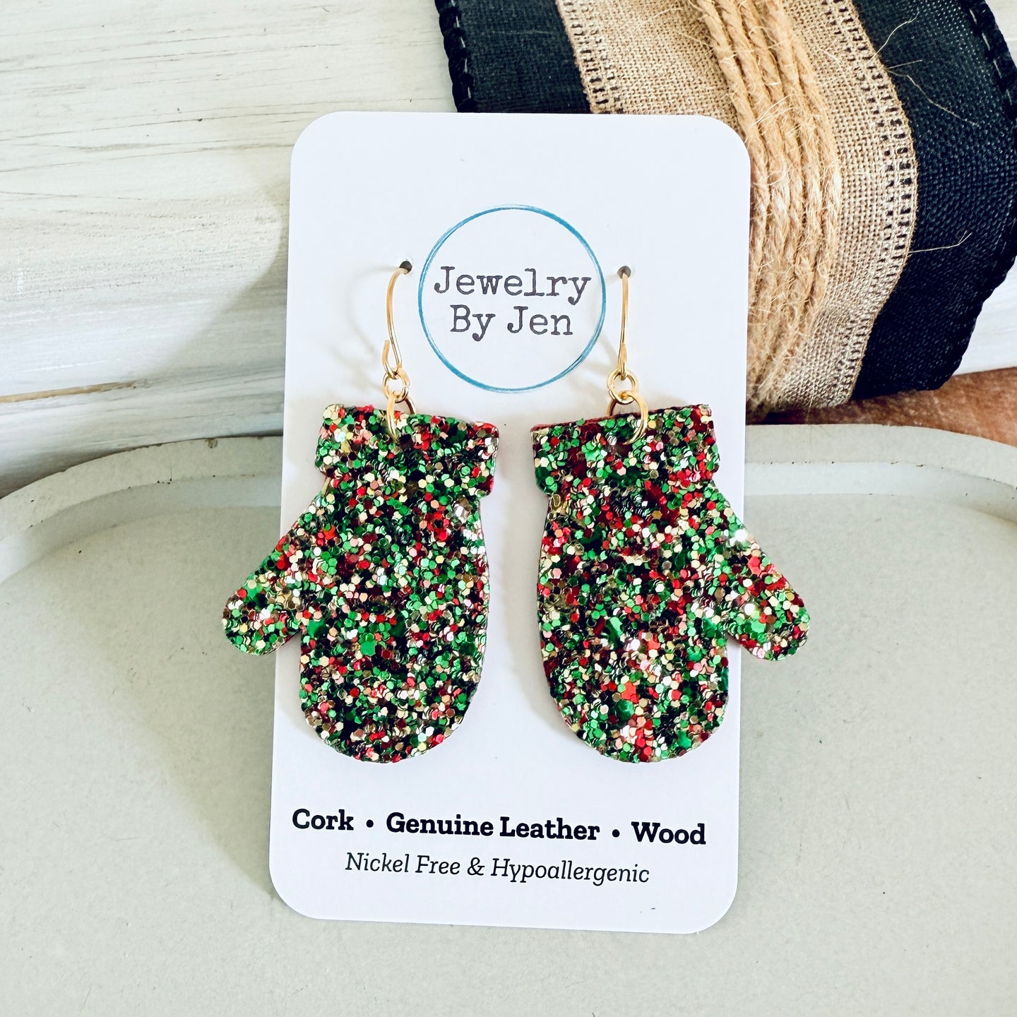 Mitten Earrings: Green, Red & Gold Glitter