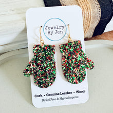 Load image into Gallery viewer, Mitten Earrings: Green, Red &amp; Gold Glitter