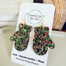 Load image into Gallery viewer, Mitten Earrings: Green, Red &amp; Gold Glitter