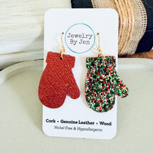 Load image into Gallery viewer, Mitten Earrings: Green, Red &amp; Gold Glitter