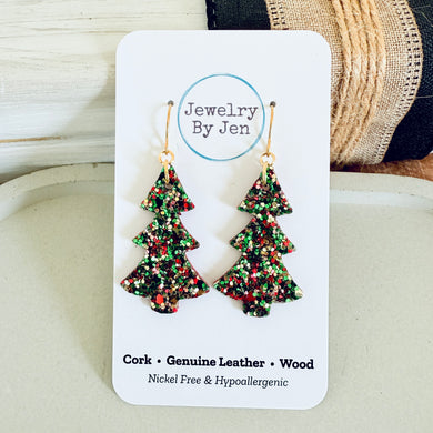 Christmas Tree Earrings: Green, Red & Gold