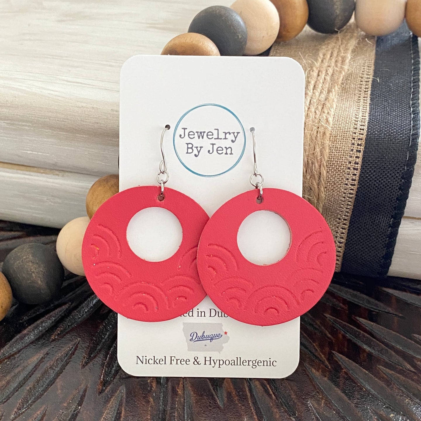 Embossed Rainbow Circle Earrings: Salmon Red/Deep Coral