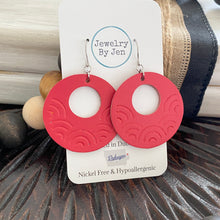 Load image into Gallery viewer, Embossed Rainbow Circle Earrings: Salmon Red/Deep Coral