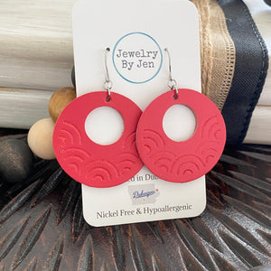 Embossed Rainbow Circle Earrings: Salmon Red/Deep Coral