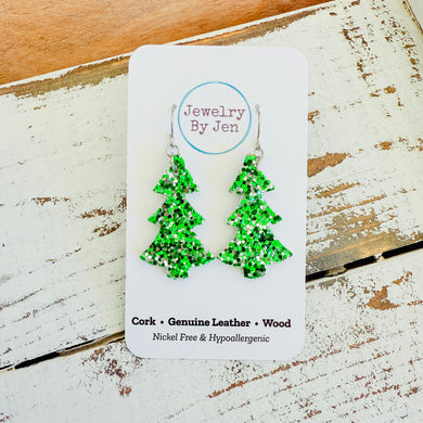 Christmas Tree Earrings: Green & Silver Glitter