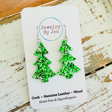 Load image into Gallery viewer, Christmas Tree Earrings: Green &amp; Silver Glitter