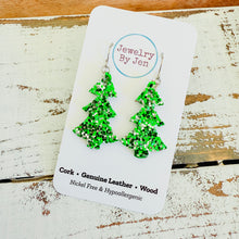 Load image into Gallery viewer, Christmas Tree Earrings: Green &amp; Silver Glitter