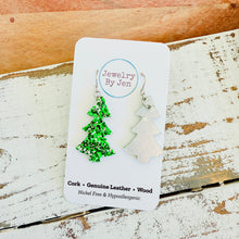 Load image into Gallery viewer, Christmas Tree Earrings: Green &amp; Silver Glitter