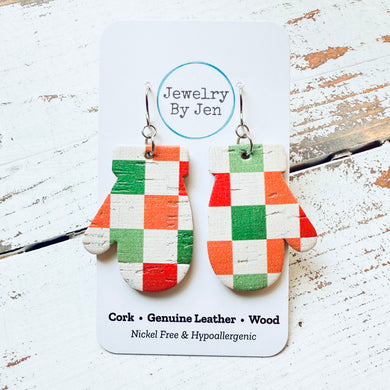 Mitten Earrings: Green, Red & White Checked