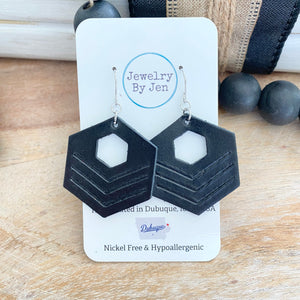Embossed Hexagon Earrings: Black