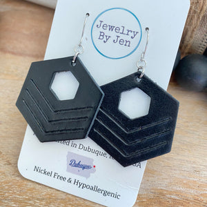 Embossed Hexagon Earrings: Black