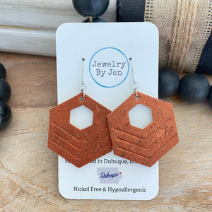 Embossed Hexagon Earrings: Pearlized Rust Cork