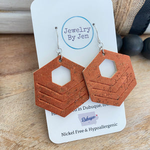 Embossed Hexagon Earrings: Pearlized Rust Cork