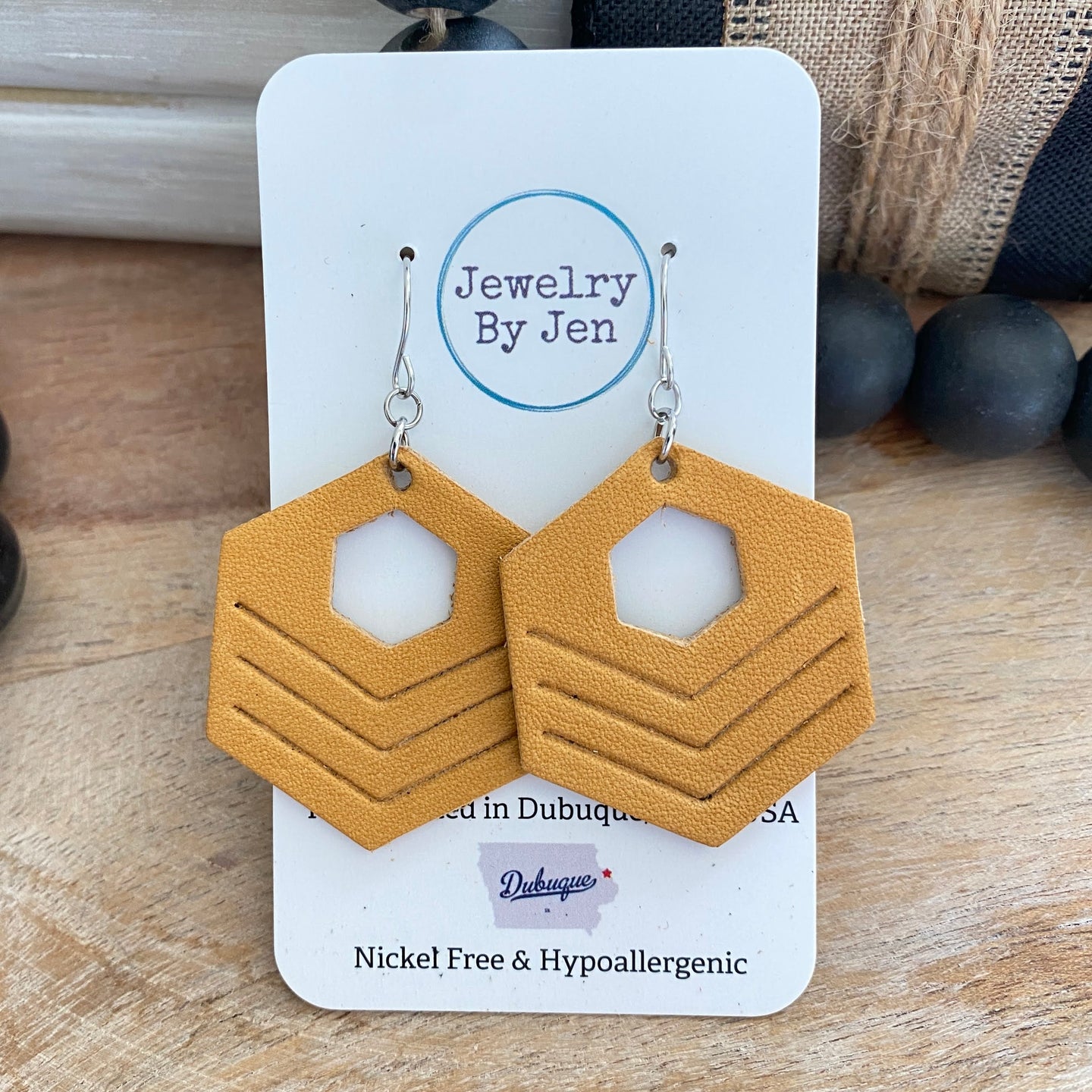 Embossed Hexagon Earrings: Mustard