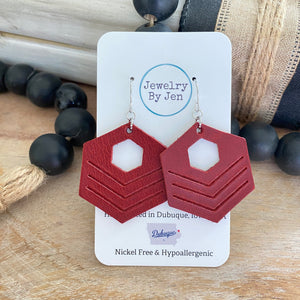 Embossed Hexagon Earrings: Deep Red