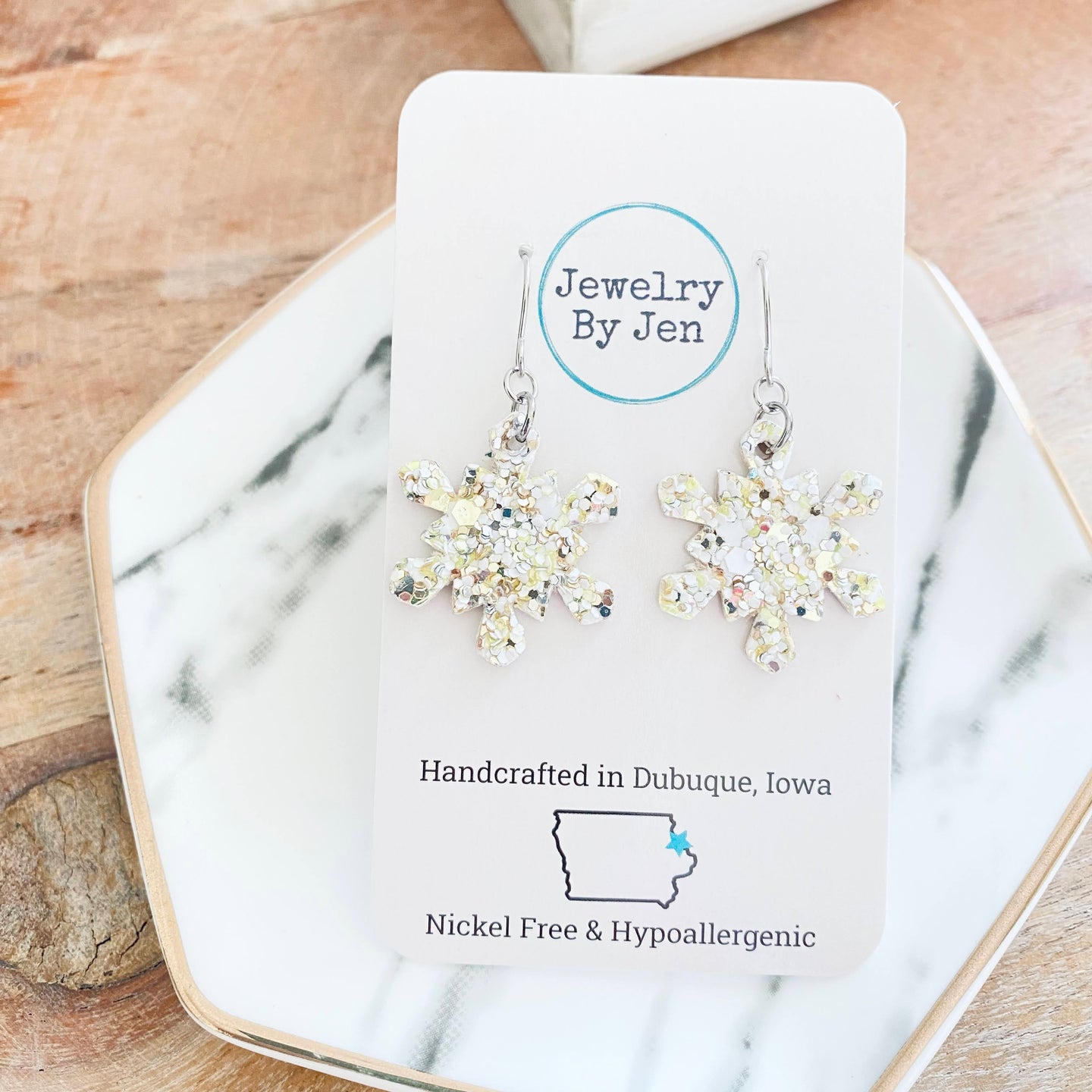 Snowflake (Small): White & Gold Glitter