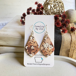 Elegant Teardrop Earrings (Small): Brown Floral