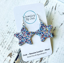 Load image into Gallery viewer, Star Earrings (Medium): Red, White &amp; Blue Glitter