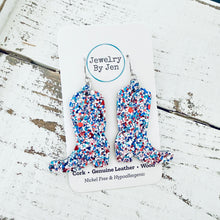 Load image into Gallery viewer, Cowgirl Boot Earrings: Red, White &amp; Blue Glitter