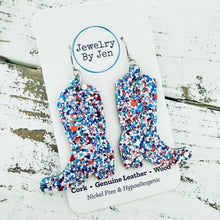 Load image into Gallery viewer, Cowgirl Boot Earrings: Red, White &amp; Blue Glitter