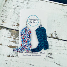 Load image into Gallery viewer, Cowgirl Boot Earrings: Red, White &amp; Blue Glitter