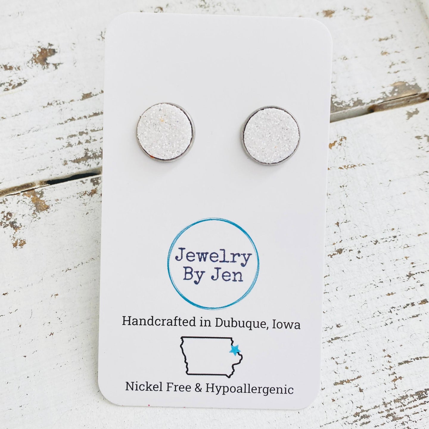Stud Earrings: White Fine Glitter