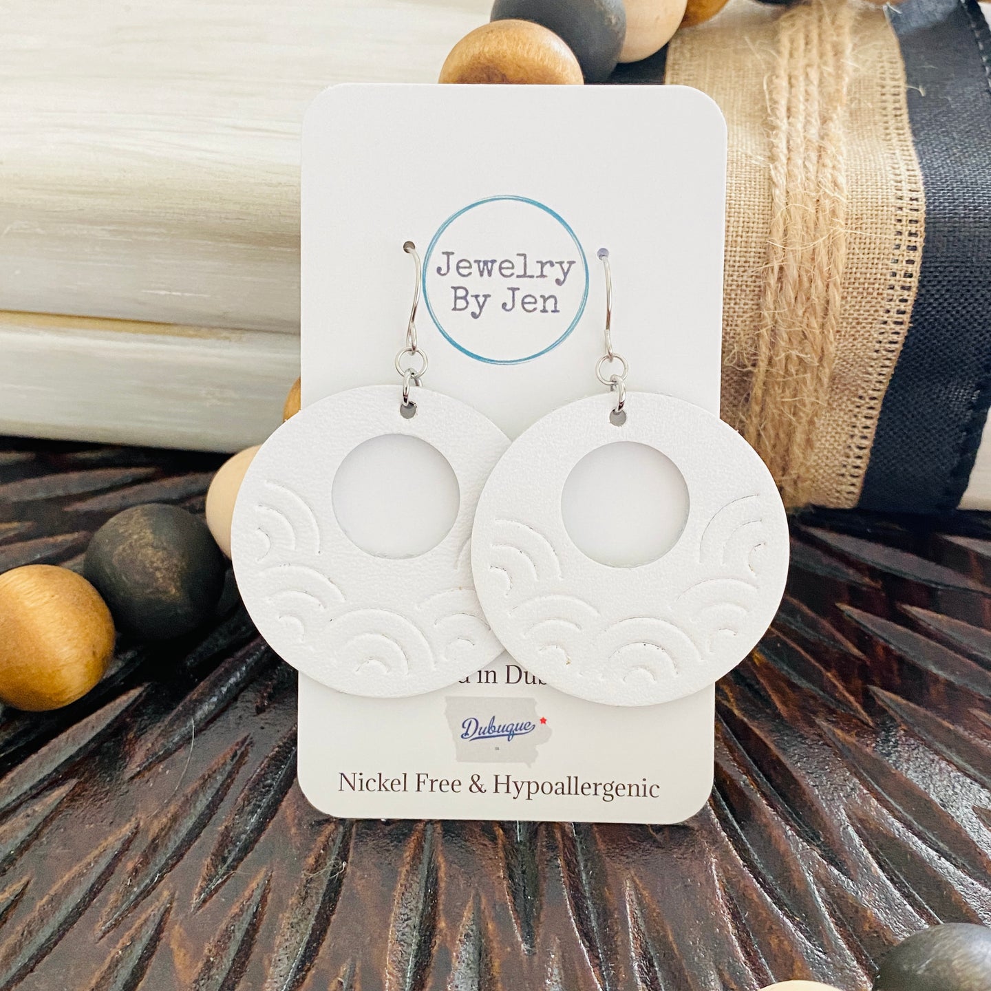 Embossed Rainbow Circle Earrings: White