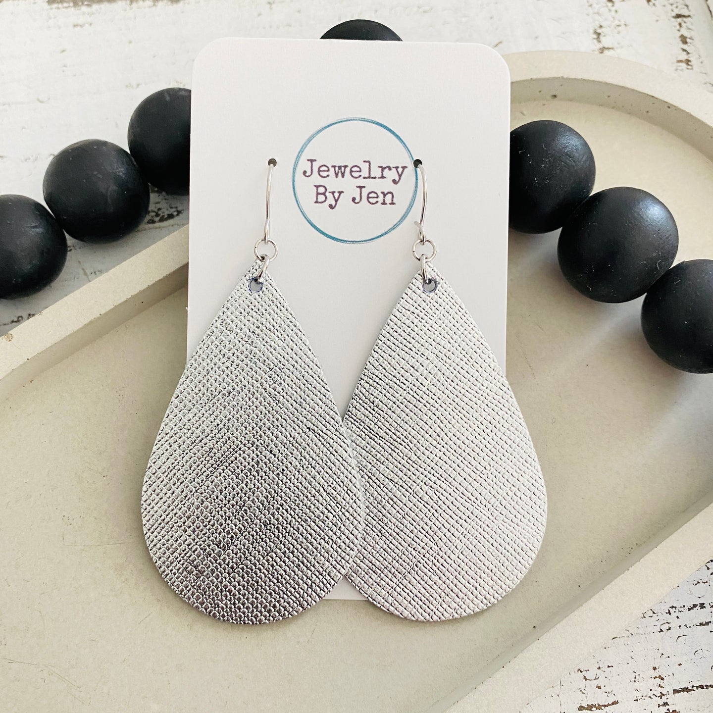 Large Teardrop Earrings: Silver Saffiano