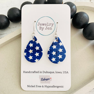 Small Teardrop Earrings: White Stars on Blue