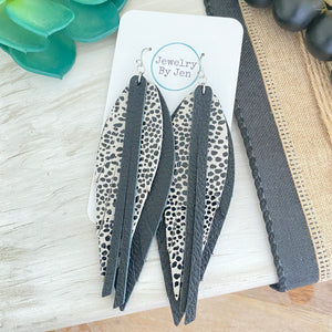 Narrow Fringe Feather Earrings: Black, Cream Spotted & Black