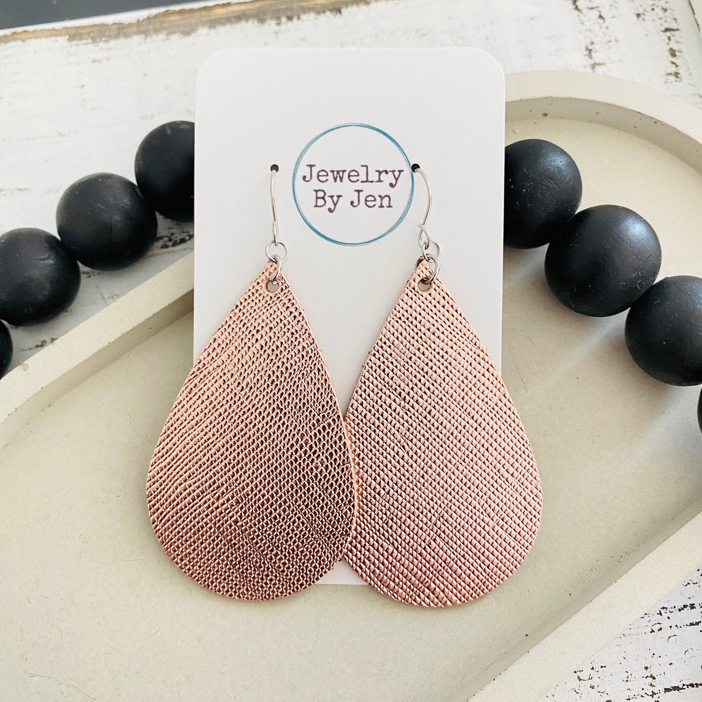 Large Teardrop Earrings: Rose Gold Saffiano