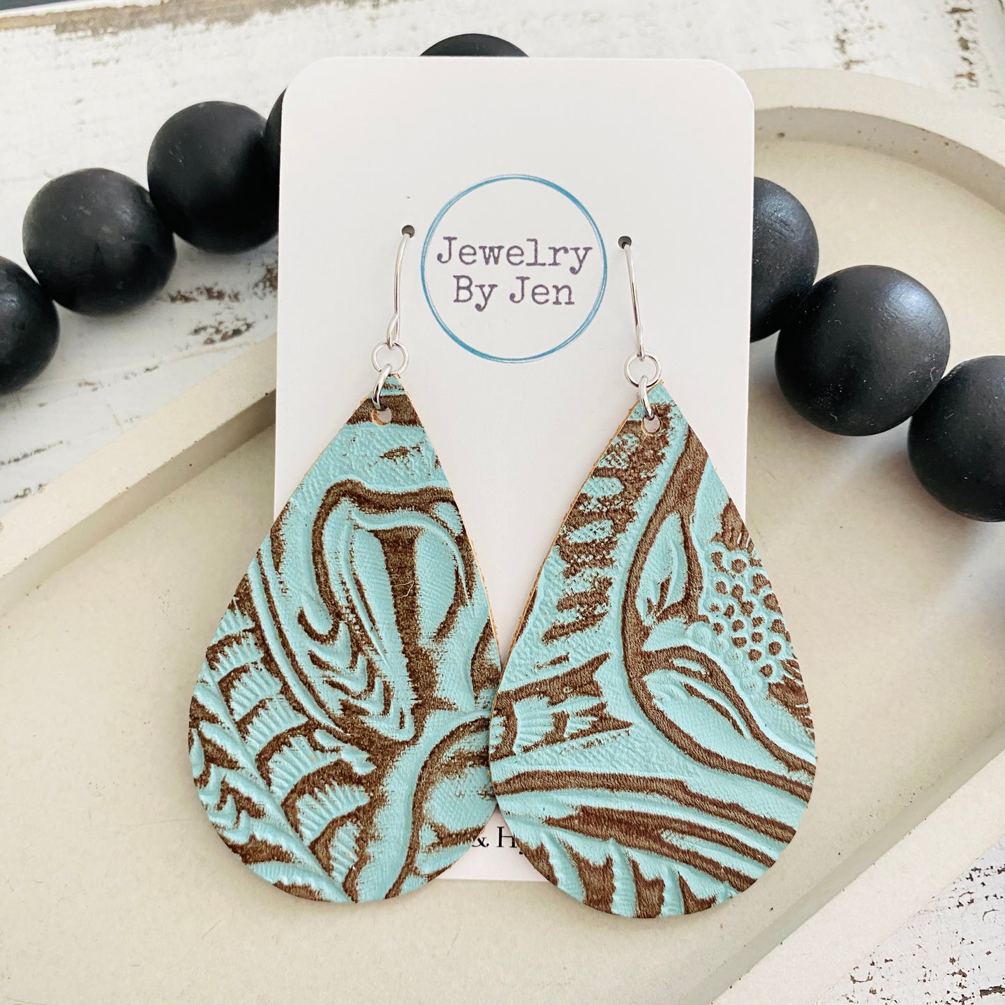 Large Teardrop Earrings: Turquoise Tooled