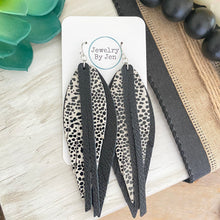 Load image into Gallery viewer, Narrow Fringe Feather Earrings: Black, Cream Spotted &amp; Black