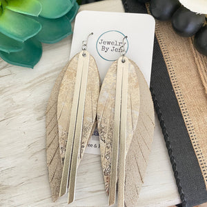 Narrow Fringe Feather Earrings: Platinum, Marble Metallic & Cream