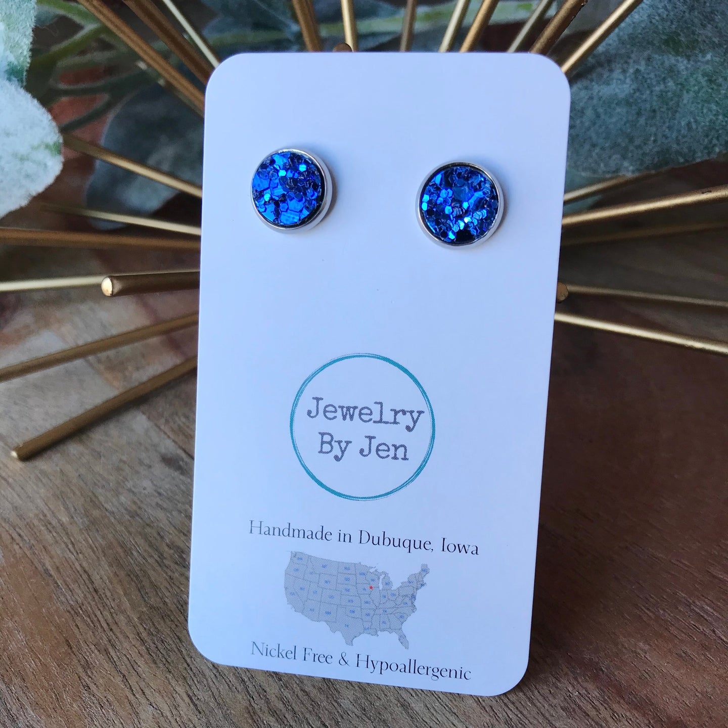 Stud Earrings: Blue Glitter