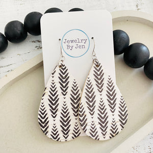 Large Teardrop Earrings: White w/Grey Herringbone