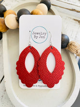 Load image into Gallery viewer, Large Scalloped Teardrop: Ruby Red Saffiano