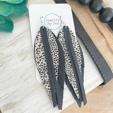 Load image into Gallery viewer, Narrow Fringe Feather Earrings: Black, Cream Spotted &amp; Black