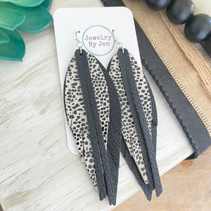 Narrow Fringe Feather Earrings: Black, Cream Spotted & Black