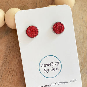 Stud Earrings: Red Fine Glitter