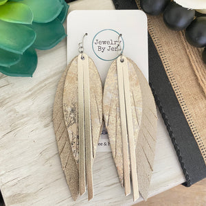 Narrow Fringe Feather Earrings: Platinum, Marble Metallic & Cream