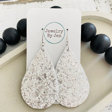 Large Teardrop Earrings: White Glitter