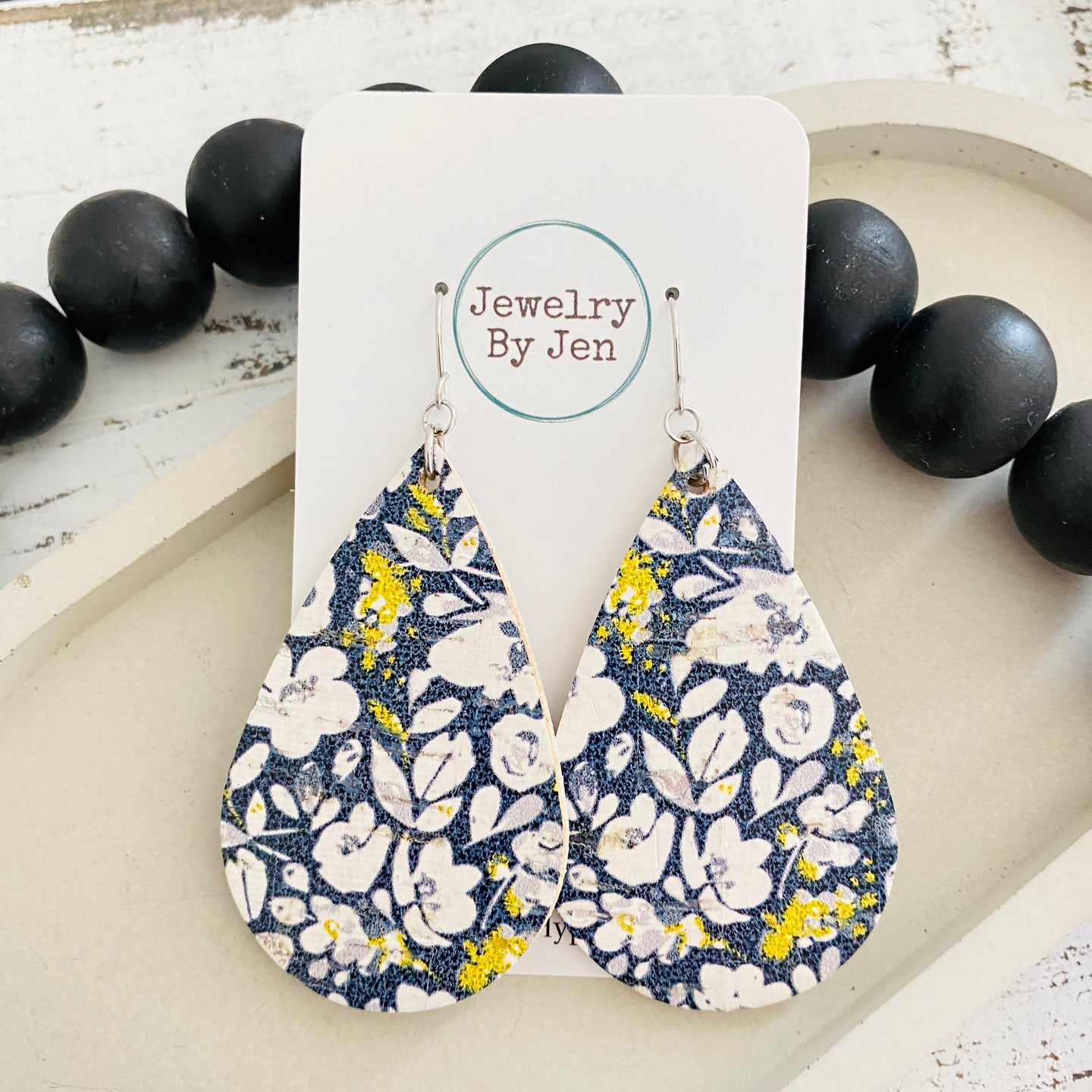 Large Teardrop Earrings: Navy Floral