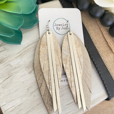 Narrow Fringe Feather Earrings: Platinum, Marble Metallic & Cream