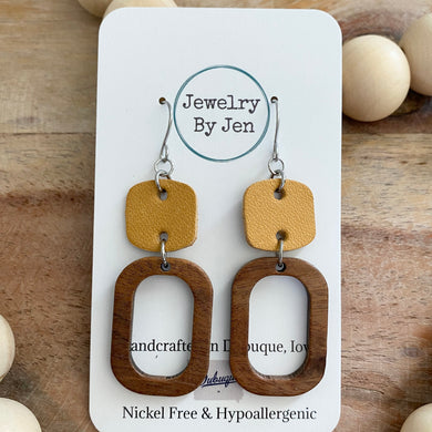 Walnut Cutout Rectangle w/Mustard Square Earrings