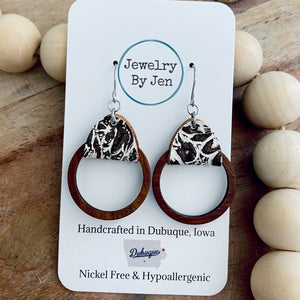Wood Hoop Earrings: Cream & Brown Tooled