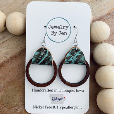 Wood Hoop Earrings: Turquoise & Brown Tooled